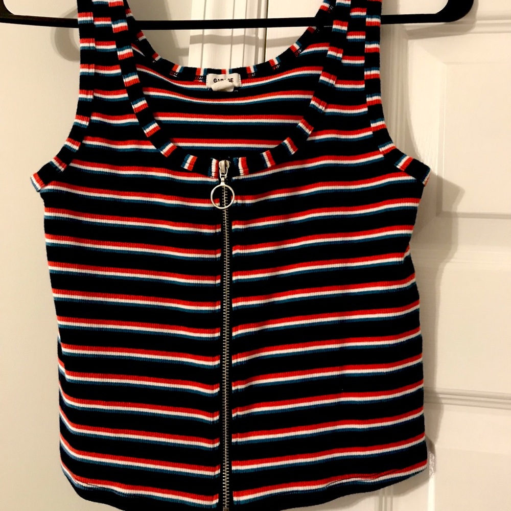 Garage striped crop top tank. Zipper detail.